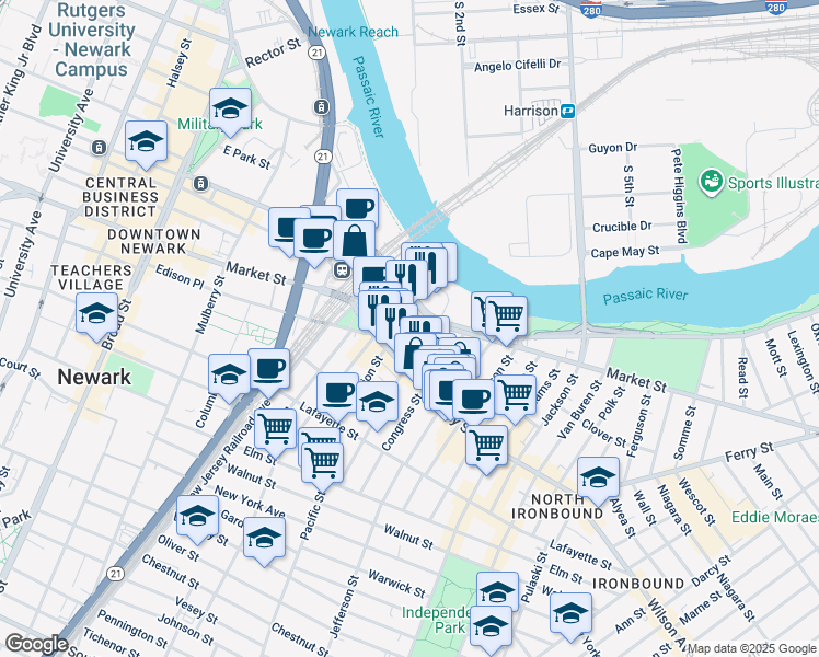 map of restaurants, bars, coffee shops, grocery stores, and more near 22/24 Prospect Street in Newark