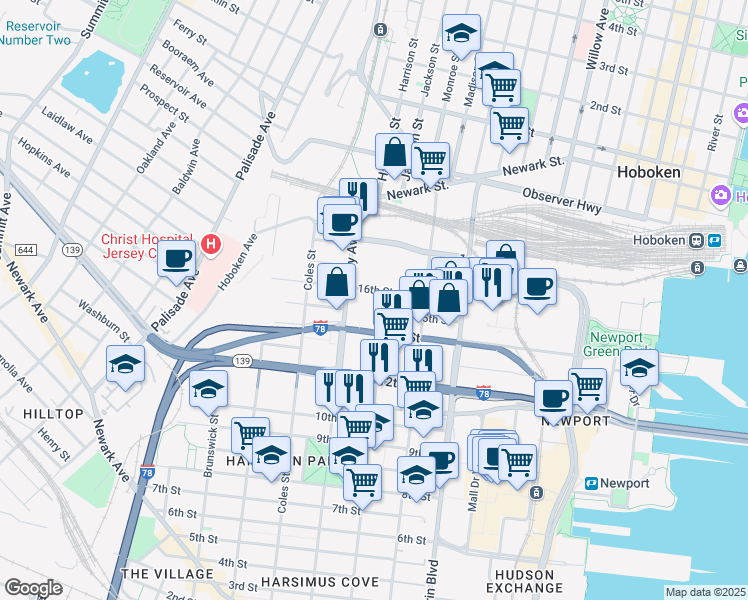 map of restaurants, bars, coffee shops, grocery stores, and more near 241 16th Street in Jersey City