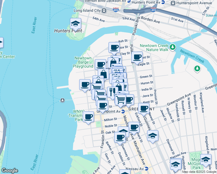 map of restaurants, bars, coffee shops, grocery stores, and more near 109 India Street in Brooklyn