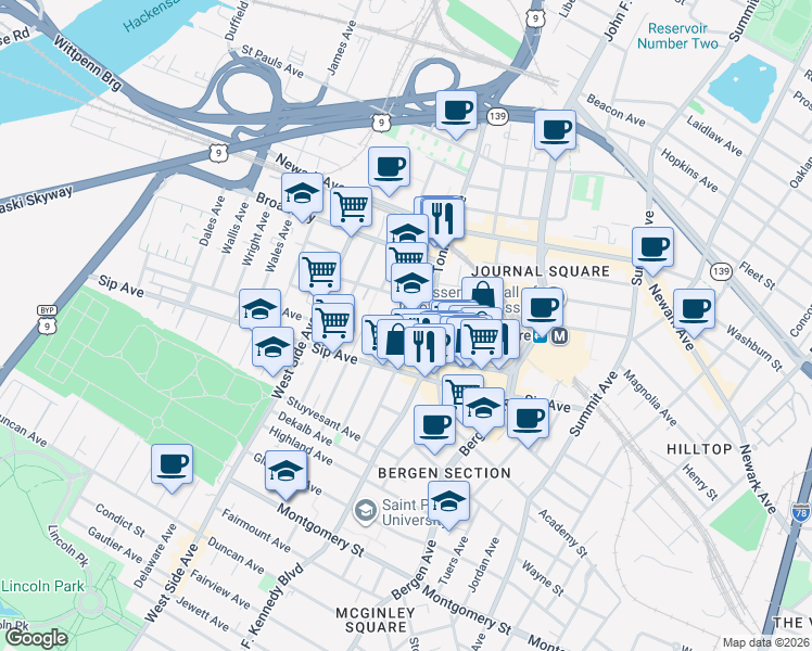 map of restaurants, bars, coffee shops, grocery stores, and more near 111 Garrison Avenue in Jersey City