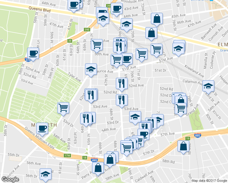 map of restaurants, bars, coffee shops, grocery stores, and more near 67-31 52nd Road in Queens