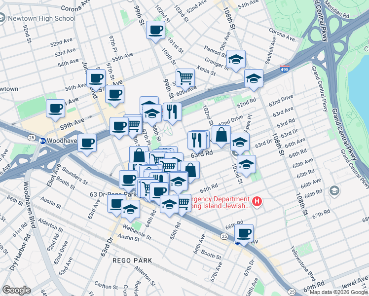 map of restaurants, bars, coffee shops, grocery stores, and more near 63-33 98th Place in Queens