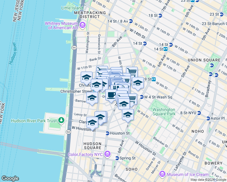 map of restaurants, bars, coffee shops, grocery stores, and more near 304 Bleecker Street in New York