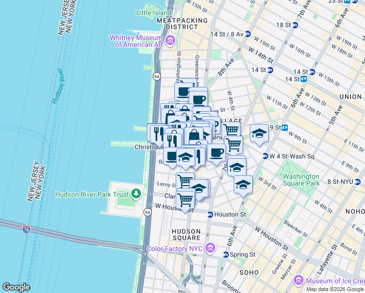 map of restaurants, bars, coffee shops, grocery stores, and more near in New York