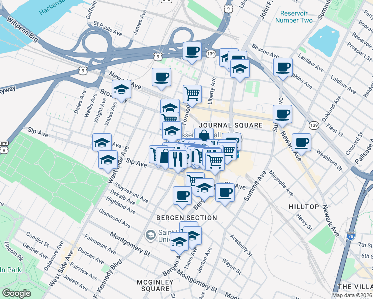 map of restaurants, bars, coffee shops, grocery stores, and more near 52 Tonnele Avenue in Jersey City