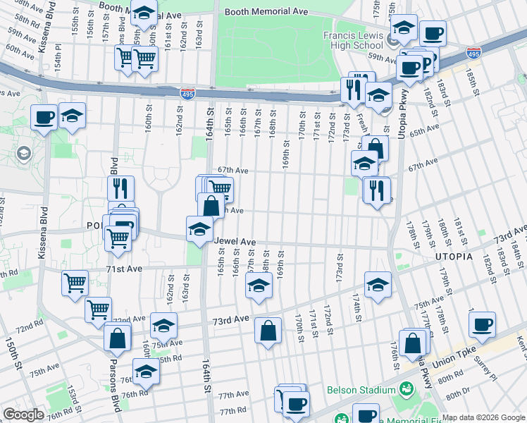 map of restaurants, bars, coffee shops, grocery stores, and more near 167-15 69th Avenue in Queens