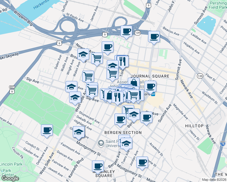 map of restaurants, bars, coffee shops, grocery stores, and more near 111 Garrison Avenue in Jersey City