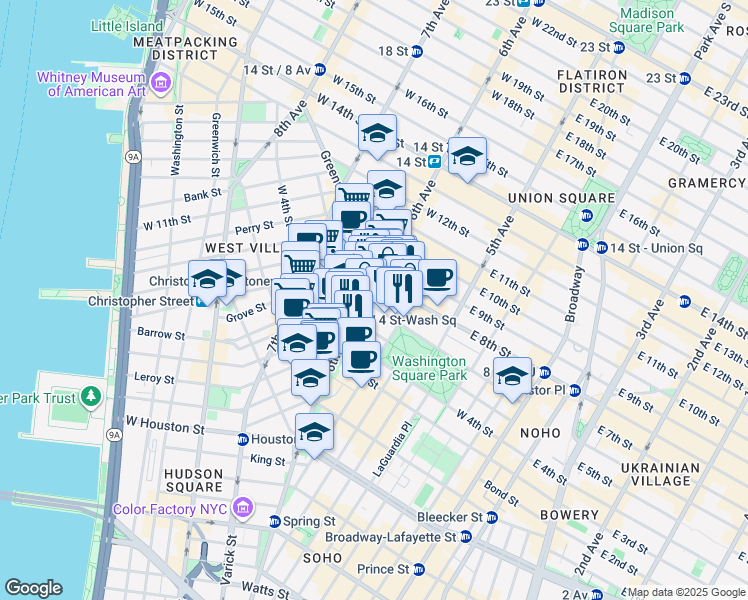map of restaurants, bars, coffee shops, grocery stores, and more near 118 Waverly Place in New York