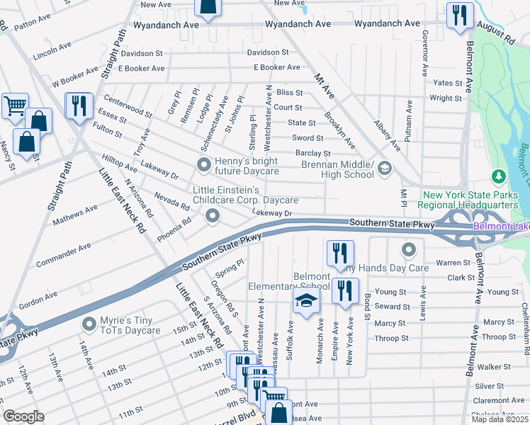 map of restaurants, bars, coffee shops, grocery stores, and more near Lakeway Drive & Westchester Avenue North in West Babylon