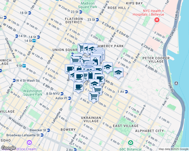 map of restaurants, bars, coffee shops, grocery stores, and more near 90 3rd Avenue in New York