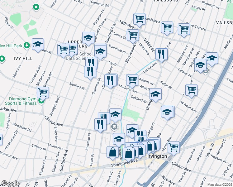 map of restaurants, bars, coffee shops, grocery stores, and more near 398 Stuyvesant Avenue in Irvington