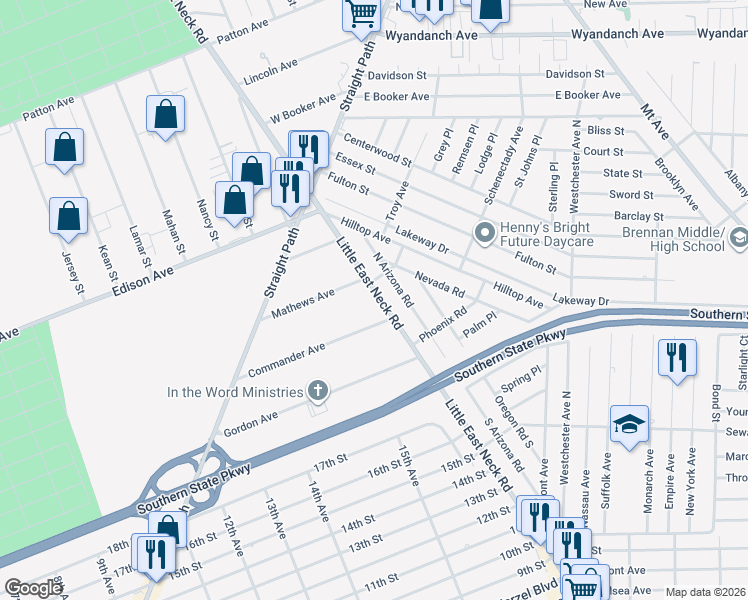 map of restaurants, bars, coffee shops, grocery stores, and more near 601 Commander Avenue in West Babylon