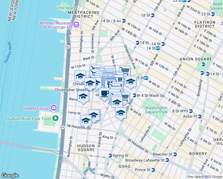 map of restaurants, bars, coffee shops, grocery stores, and more near Grove Street in New York