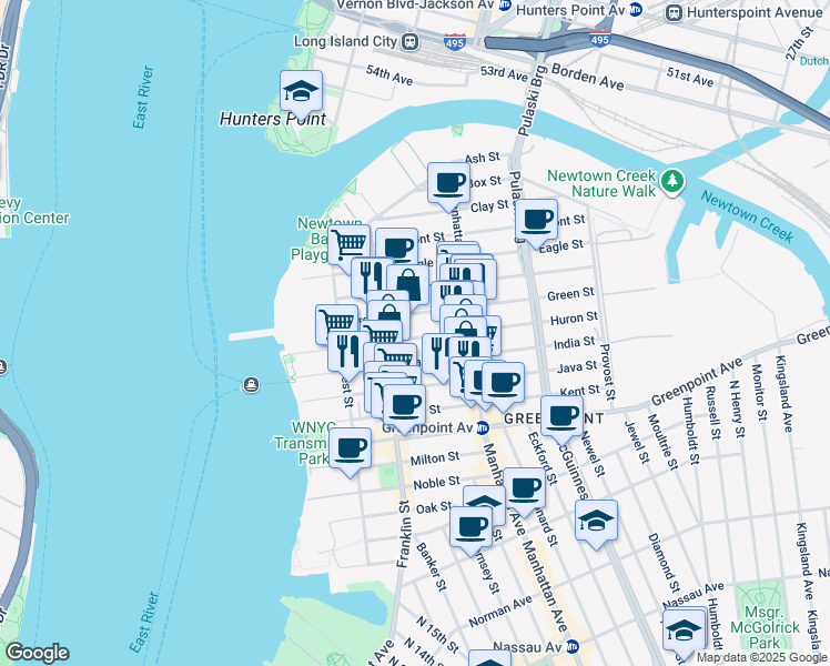 map of restaurants, bars, coffee shops, grocery stores, and more near 117 Huron Street in Brooklyn