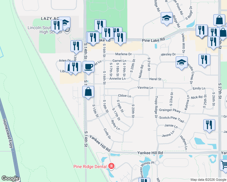 map of restaurants, bars, coffee shops, grocery stores, and more near 7900 South 17th Street in Lincoln