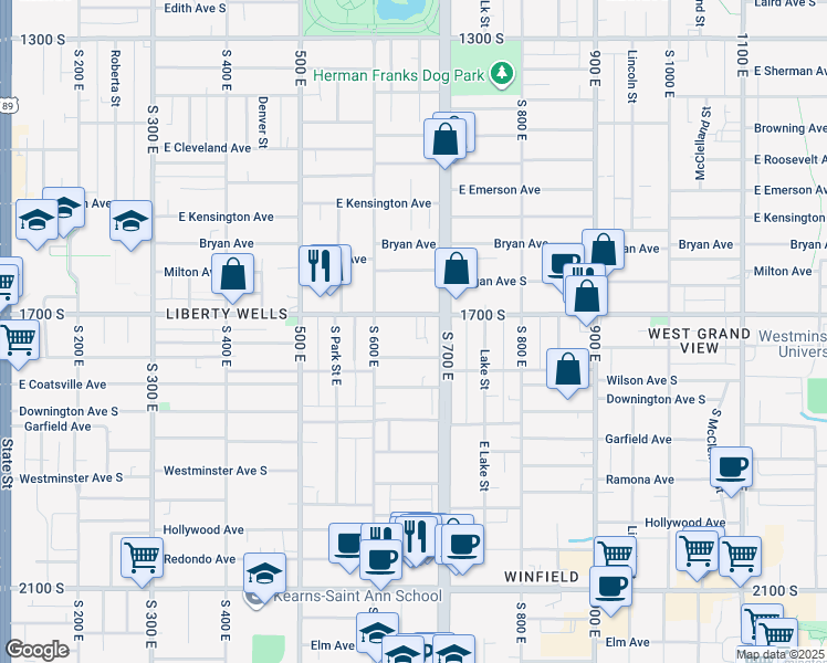 map of restaurants, bars, coffee shops, grocery stores, and more near 625 Wilson Avenue South in Salt Lake City