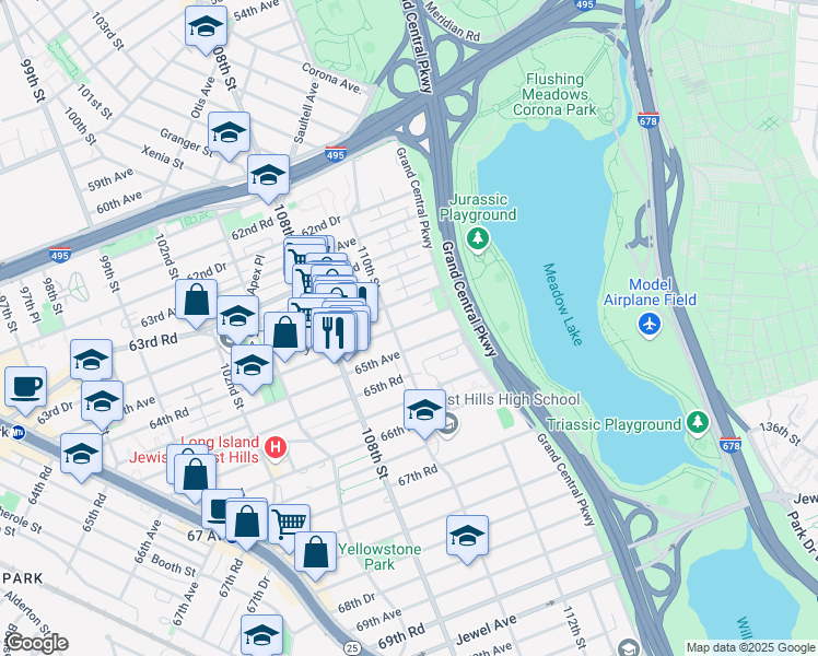 map of restaurants, bars, coffee shops, grocery stores, and more near 64-45 110th Street in Queens