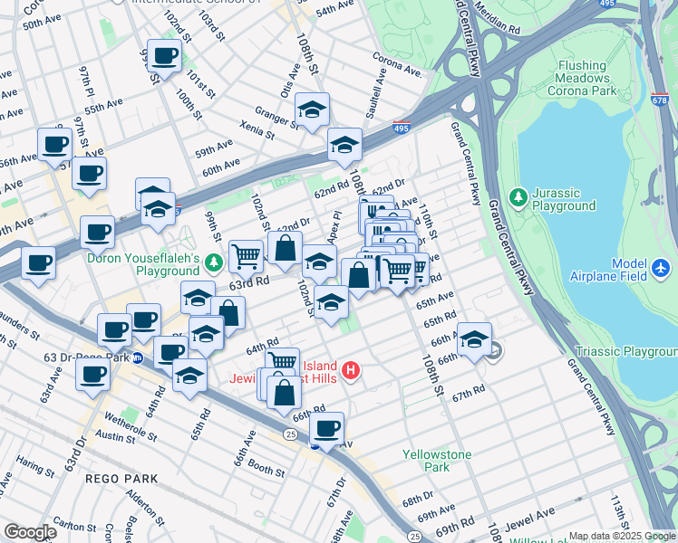map of restaurants, bars, coffee shops, grocery stores, and more near 63-55 102nd Street in Queens