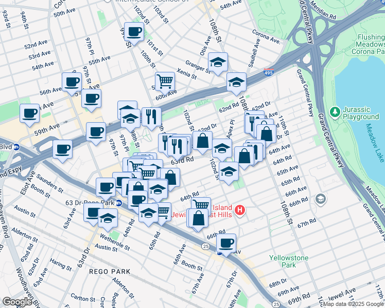 map of restaurants, bars, coffee shops, grocery stores, and more near 99-44 63rd Road in Queens