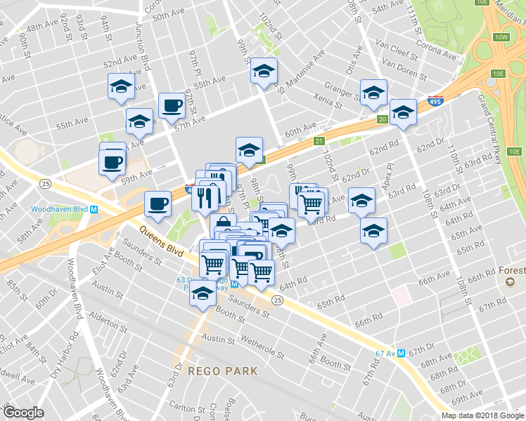 map of restaurants, bars, coffee shops, grocery stores, and more near 62nd Drive in Queens