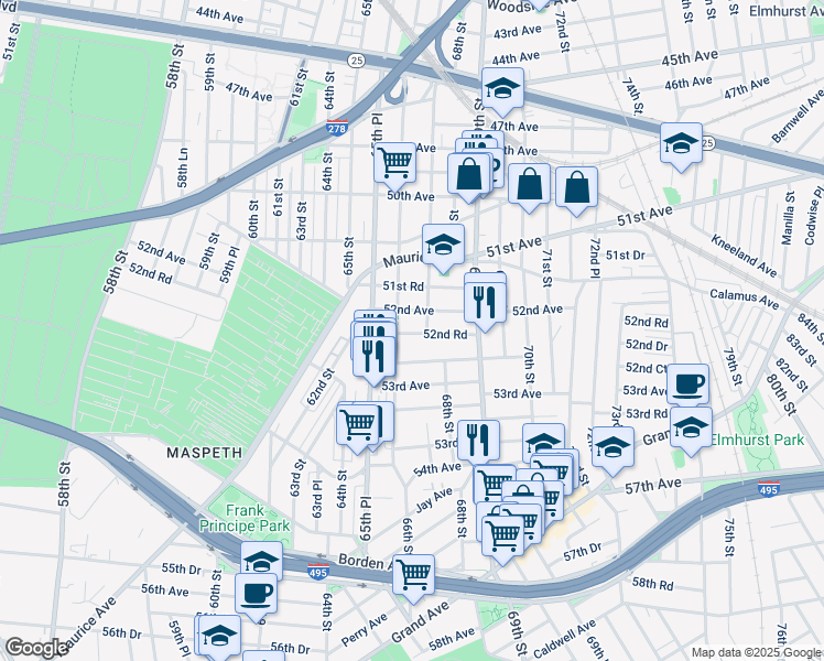 map of restaurants, bars, coffee shops, grocery stores, and more near 52-39 66th Street in Queens