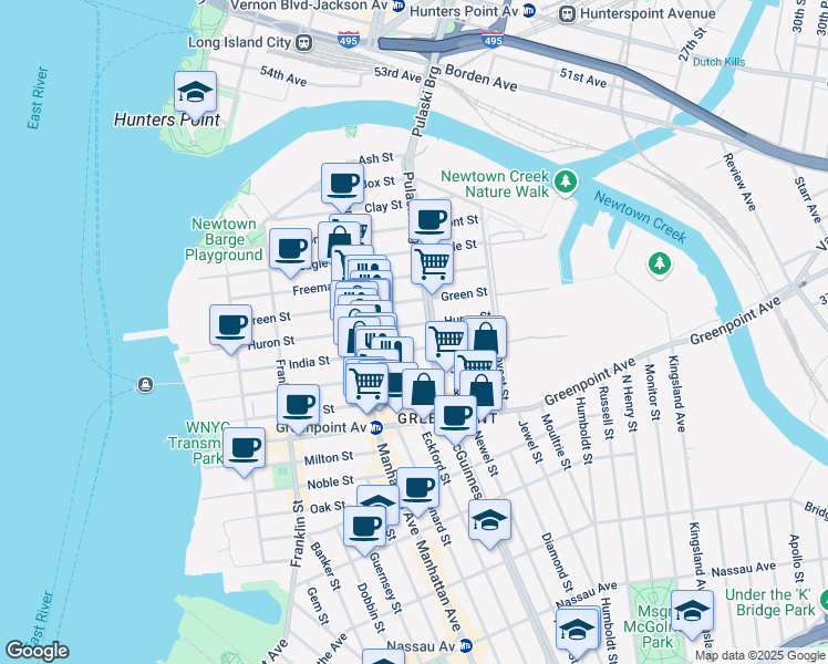 map of restaurants, bars, coffee shops, grocery stores, and more near 171 India Street in Brooklyn
