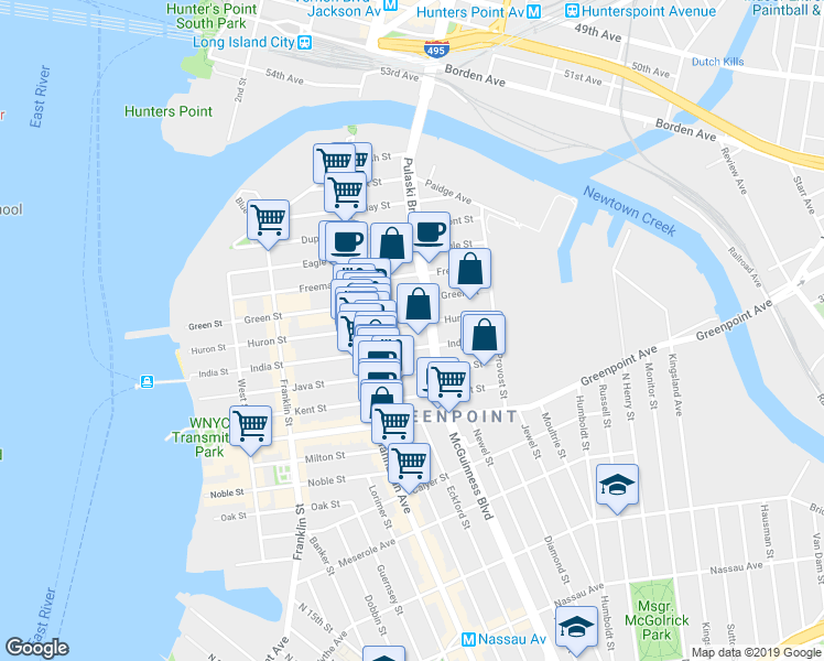 map of restaurants, bars, coffee shops, grocery stores, and more near 171 India Street in Brooklyn