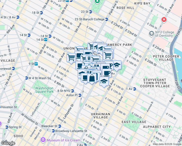 map of restaurants, bars, coffee shops, grocery stores, and more near 108 East 12th Street in New York