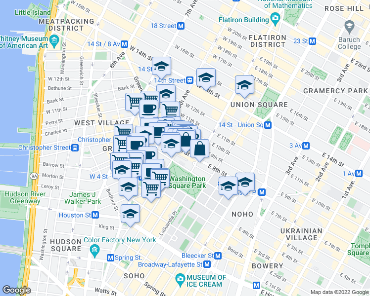 map of restaurants, bars, coffee shops, grocery stores, and more near 218 MacDougal Street in New York