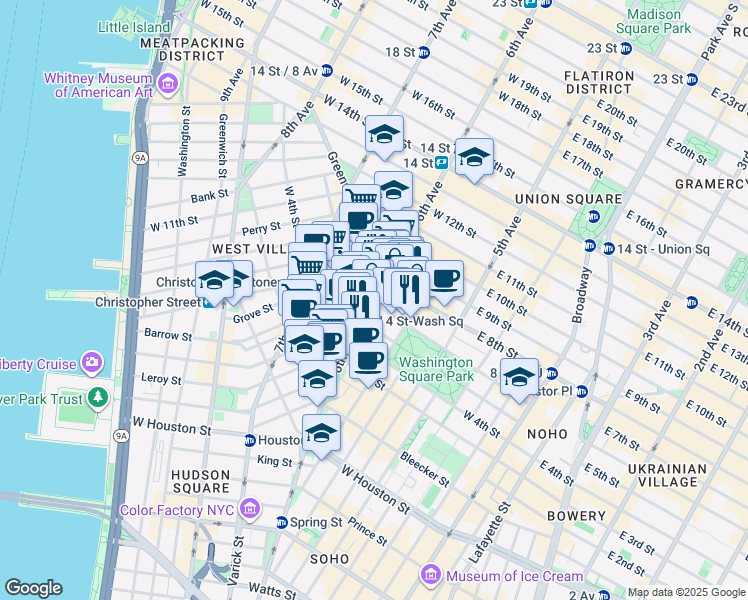 map of restaurants, bars, coffee shops, grocery stores, and more near 340 6th Avenue in New York