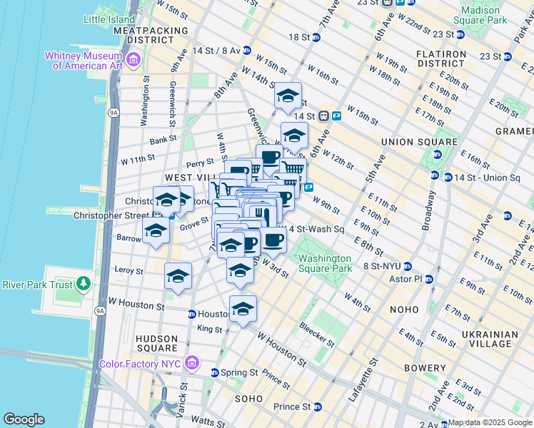 map of restaurants, bars, coffee shops, grocery stores, and more near 106 West Washington Place in New York