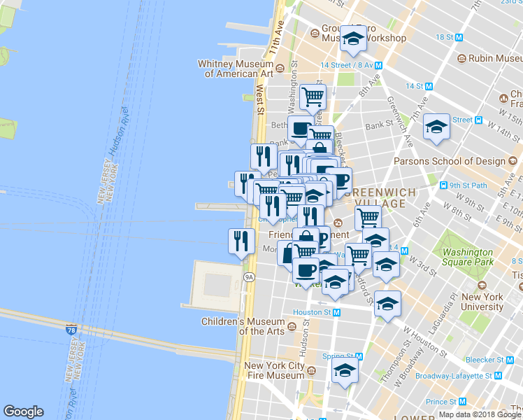 map of restaurants, bars, coffee shops, grocery stores, and more near 391 West Street in New York