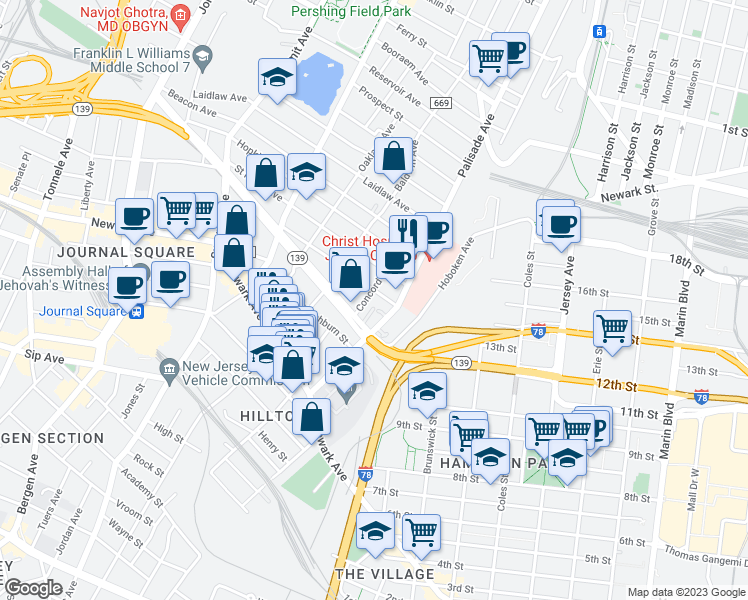 map of restaurants, bars, coffee shops, grocery stores, and more near 91 Palisade Avenue in Jersey City