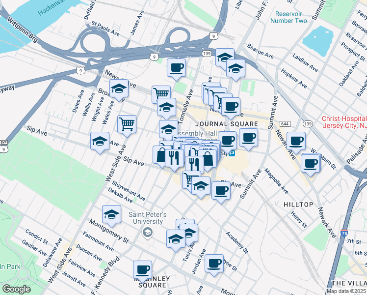 map of restaurants, bars, coffee shops, grocery stores, and more near 52 Tonnele Avenue in Jersey City
