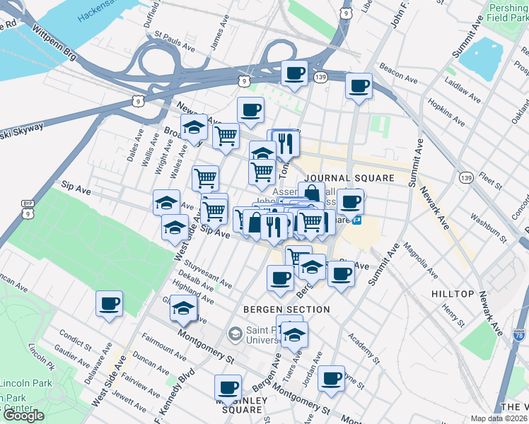 map of restaurants, bars, coffee shops, grocery stores, and more near 111 Garrison Avenue in Jersey City