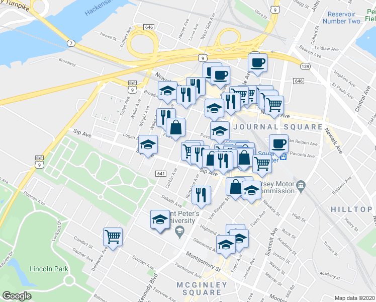 map of restaurants, bars, coffee shops, grocery stores, and more near 241 Sip Avenue in Jersey City