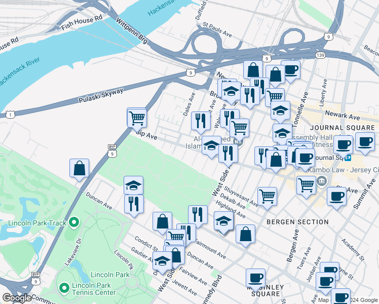 map of restaurants, bars, coffee shops, grocery stores, and more near 11 Bryant Avenue in Jersey City