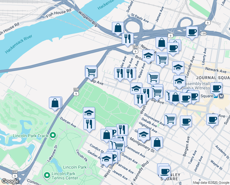 map of restaurants, bars, coffee shops, grocery stores, and more near 2 Emerson Avenue in Jersey City
