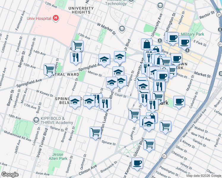 map of restaurants, bars, coffee shops, grocery stores, and more near 600 Doctor Martin Luther King Junior Boulevard in Newark