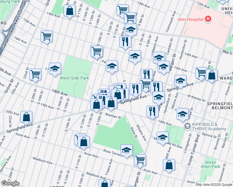 map of restaurants, bars, coffee shops, grocery stores, and more near 13 Blum Street in Newark