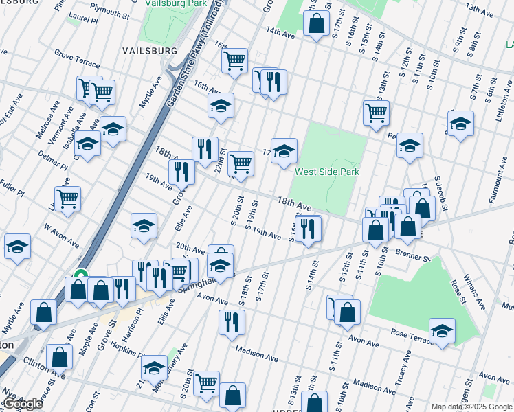 map of restaurants, bars, coffee shops, grocery stores, and more near 699 South 19th Street in Newark