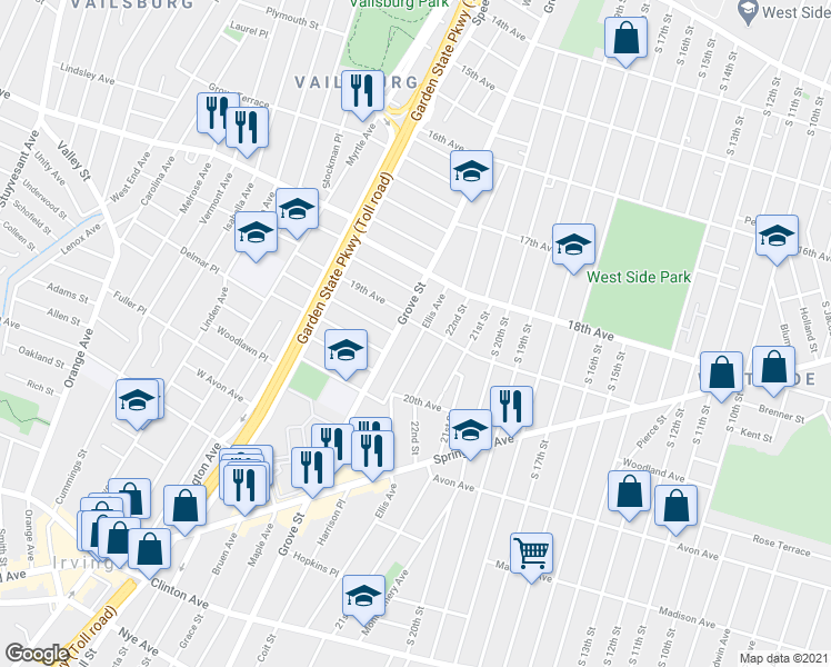 map of restaurants, bars, coffee shops, grocery stores, and more near 257 Ellis Avenue in Irvington