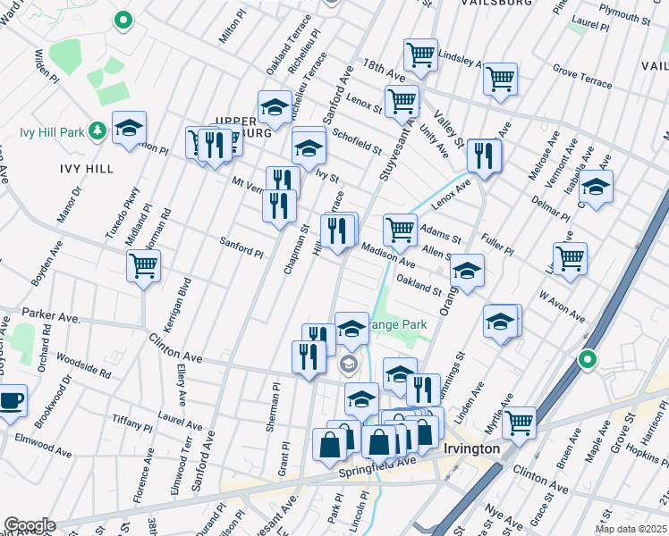map of restaurants, bars, coffee shops, grocery stores, and more near 415 Stuyvesant Avenue in Irvington