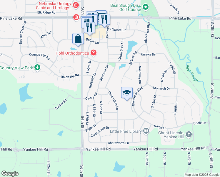 map of restaurants, bars, coffee shops, grocery stores, and more near 5940 Cavvy Road in Lincoln