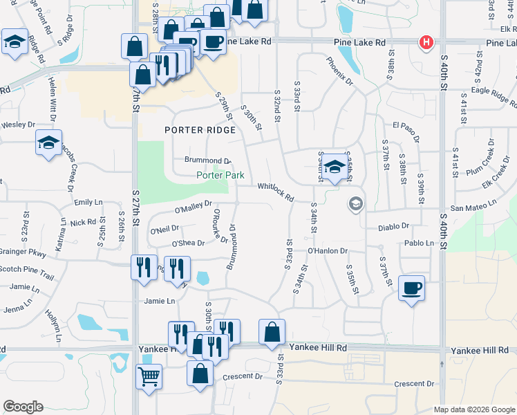 map of restaurants, bars, coffee shops, grocery stores, and more near 2917 O'Malley Circle in Lincoln