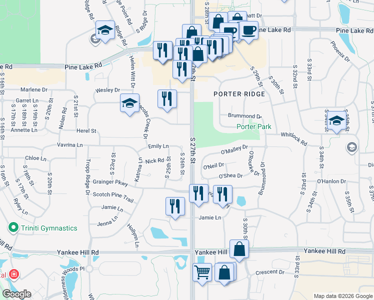 map of restaurants, bars, coffee shops, grocery stores, and more near 7730 South 26th Street in Lincoln