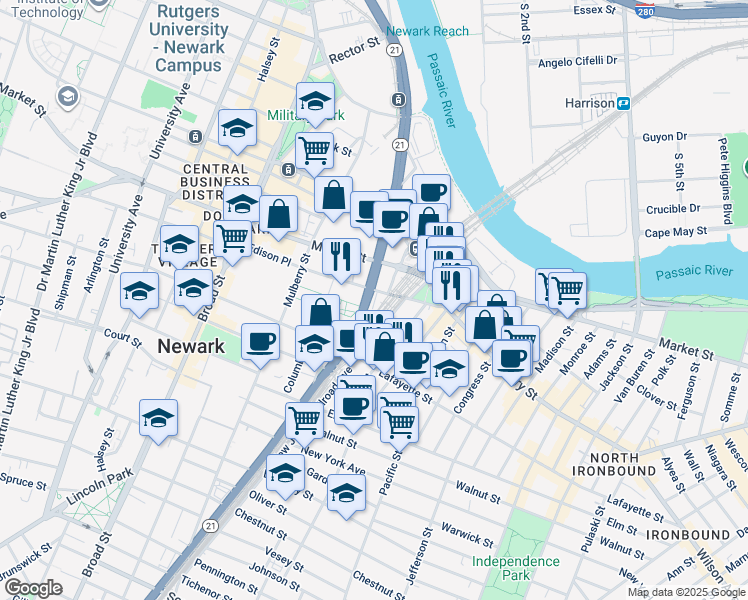 map of restaurants, bars, coffee shops, grocery stores, and more near 37-39 New Jersey Railroad Avenue in Newark