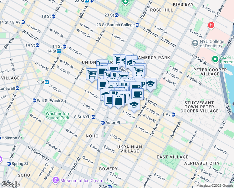 map of restaurants, bars, coffee shops, grocery stores, and more near 126-128 East 13th Street in New York