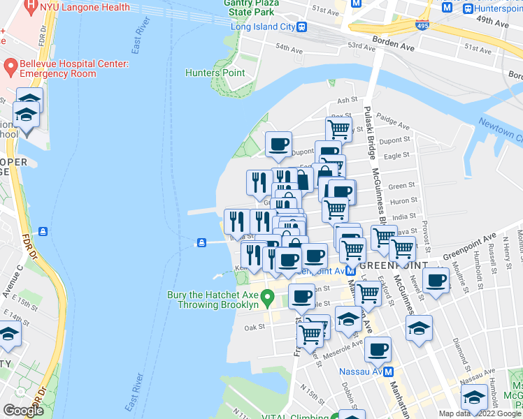 map of restaurants, bars, coffee shops, grocery stores, and more near 174 West Street in Brooklyn