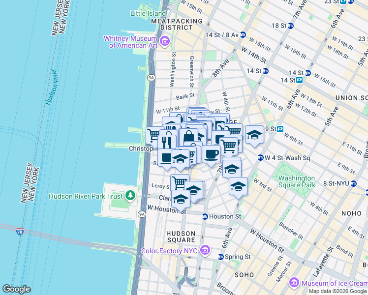 map of restaurants, bars, coffee shops, grocery stores, and more near 139 Christopher Street in New York